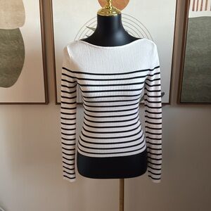 Marfinno Basic Striped Cream and Black Women's Long Sleeve Top